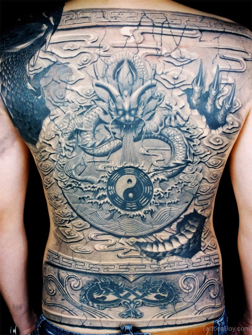 Grey Ink Dragon Tattoo Design On Full Back Body Tattoo Designs