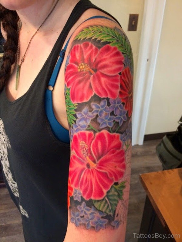 Hawaiian Flower Tattoo On Half Sleeve