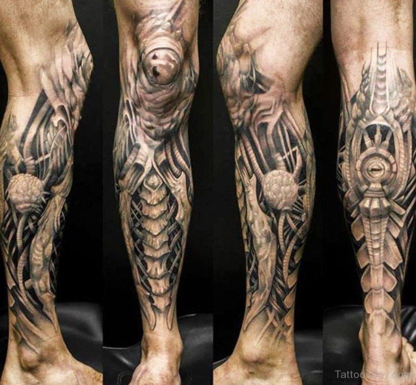 Biomechanical Tattoo Design On Leg Tattoo Designs