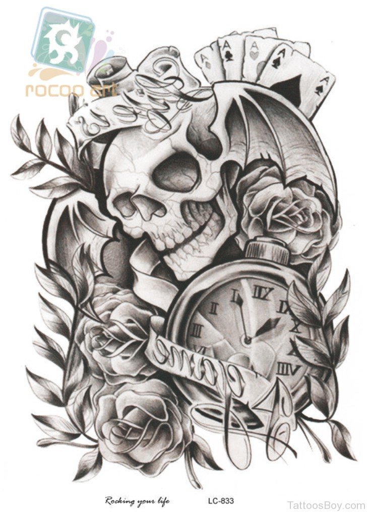 Clock And Skull Tattoo Design Tb12039