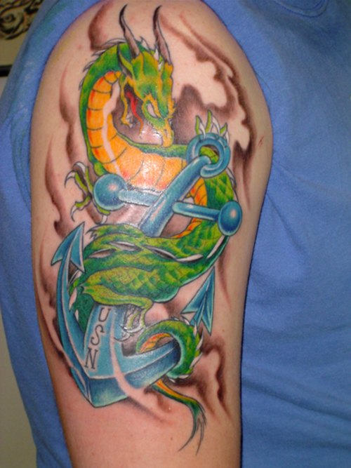 Dragon-Anchor Tattoo On Shoulder