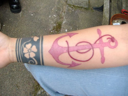 Pink Anchor Tattoo On Arm