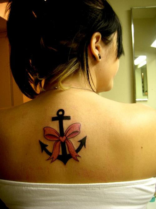 Ribbon Anchor Tattoo On Back