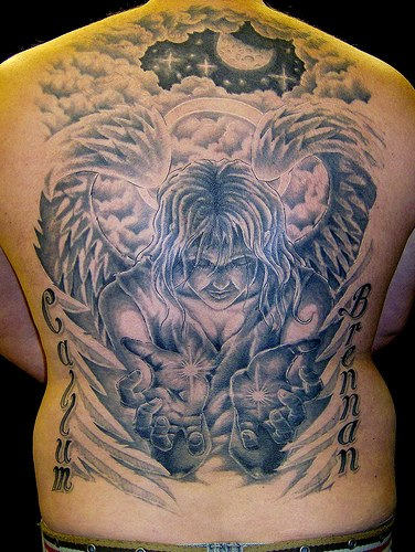 Excellent Guardian Angel Tattoo On Back
