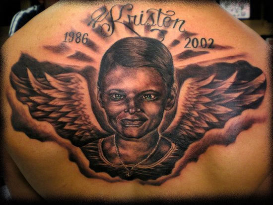 Huge Memorial Angel Tattoo On Back