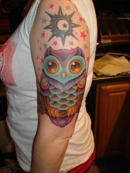 Owl & Stars Tattoo On Shoulder