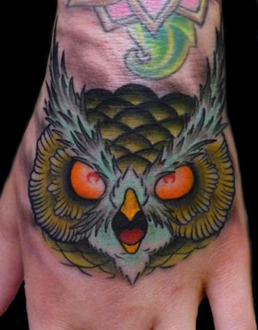Owl Face Tattoo On Hand