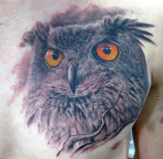 Owl Face Tattoo On Chest