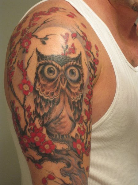 Owl & Blossoms Tattoo On Shoulder