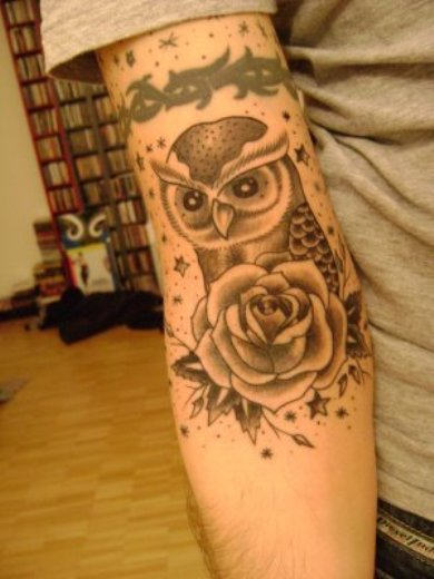 Owl & Rose Tattoo On Arm