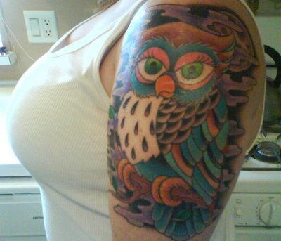 Colorful Owl Tattoo On Shoulder