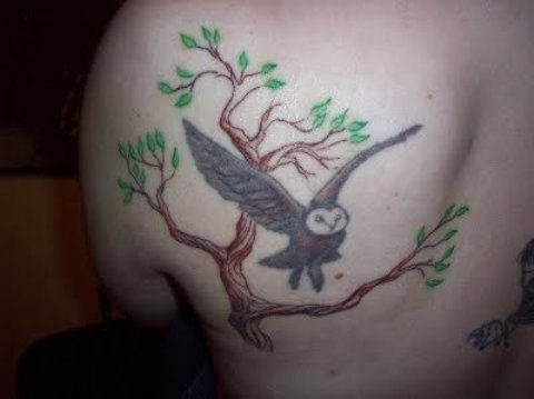 Owl & Tree Tattoo On Back