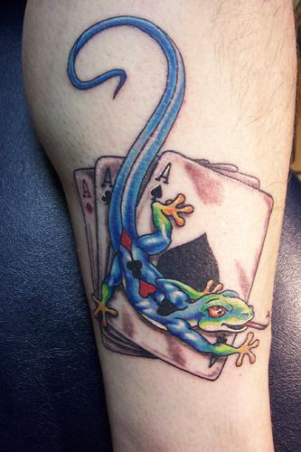 Lizard and Cards Tattoo on Leg