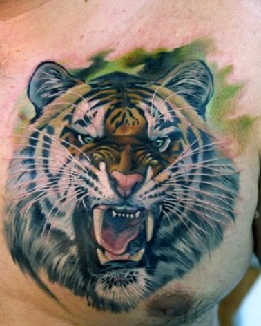 Angry Tiger Tattoo on Chest