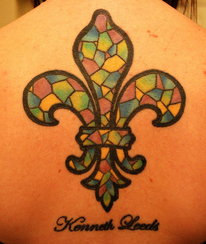 Colorful Fleur de lis Tattoo on Back