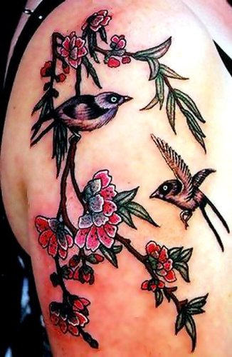 Blossoms & Birds Tattoo On Shoulder