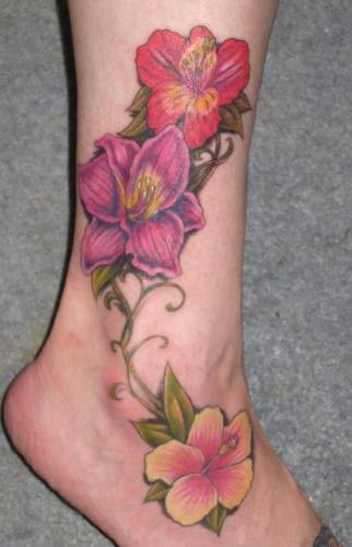 Hibiscus Tattoo On Leg & Ankle