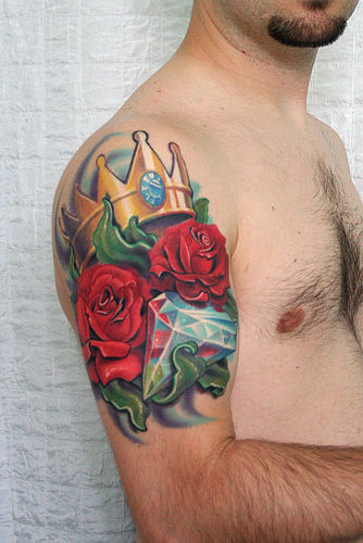 Flowers & Crown Tattoo On Shoulder