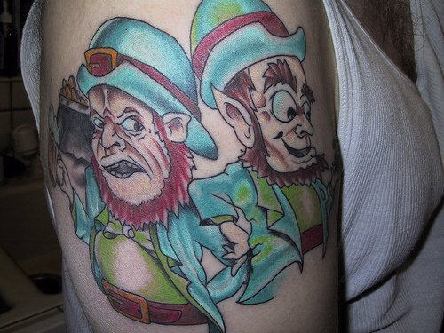 Two Leprechaun Tattoos On Shoulder
