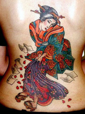 Colorful Geisha Tattoo on Back