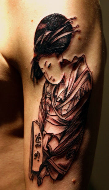 Sad Geisha Tattoo On Shoulder