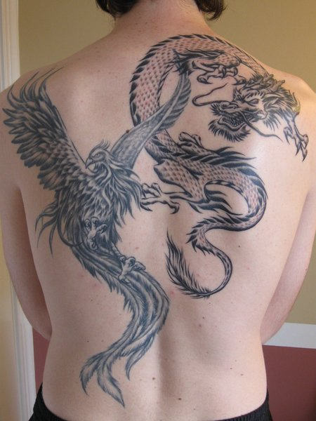 Phoenix and Dragon Tattoo On Back