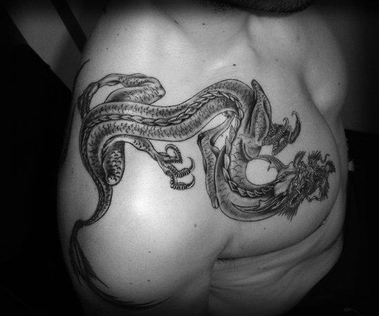 Dragon Tattoo On Shoulder and Chest