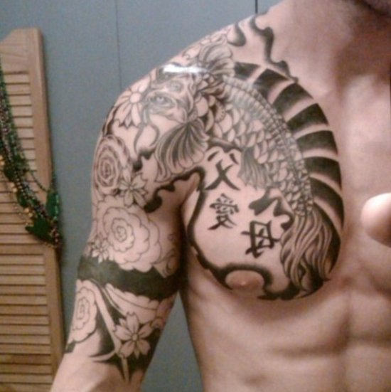Japanese Tattoo On Chest and Shoulder 
