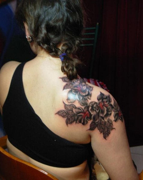 Japanese Flowers Tattoo On Shoulder