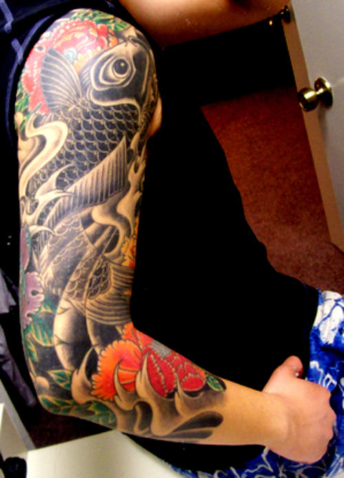 Japanese Fish Tattoo On Shoulder and Arm