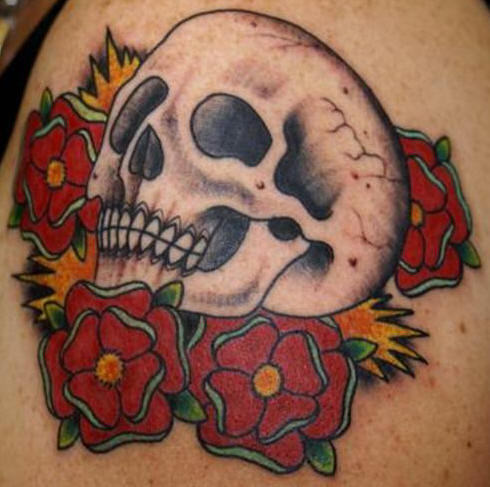 Skull with Flowers Tattoo