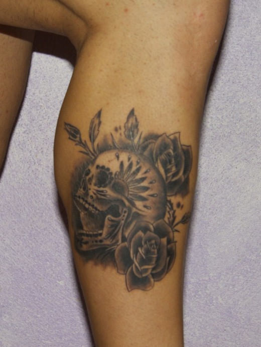 Skull and Rose Tattoo on Leg