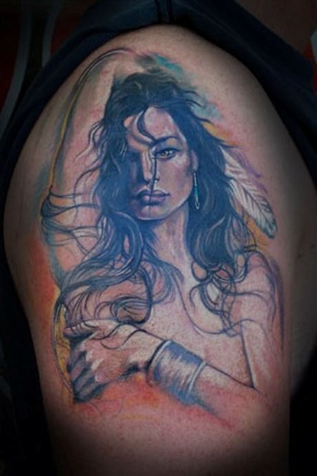 Native Girl Tattoo On Shoulder