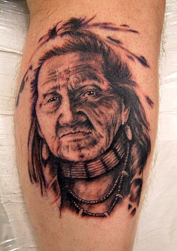Native Old Lady Tattoo On Leg