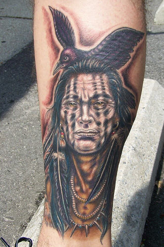 Native Lady Tattoo On Leg