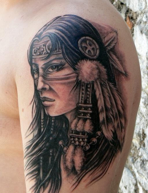 Native Girl Tattoo On Shoulder