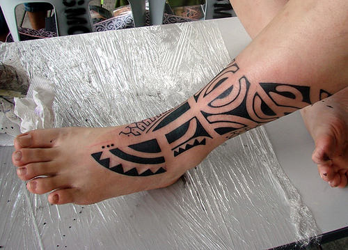 Polynesian Tattoo On Foot and Leg