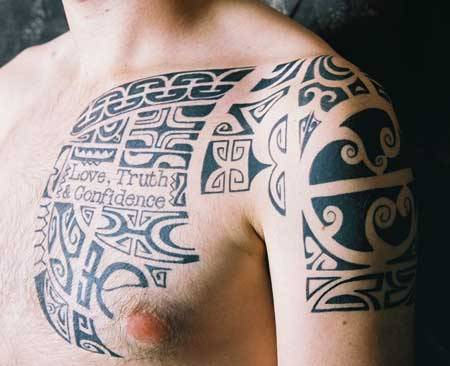 Polynesian Tattoo On Chest and Shoulder