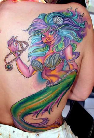 Colorful Mermaid Tattoo On Back