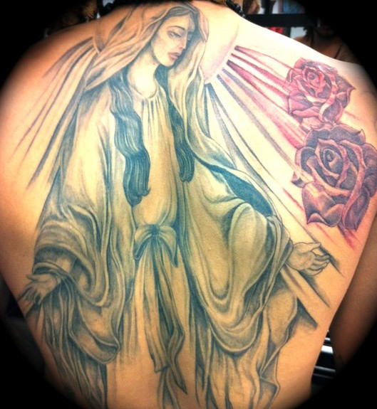 Large Mary Tattoo On Back