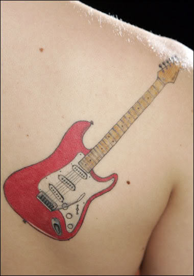 Nice Guitar Tattoo On Back