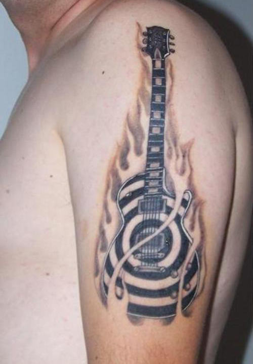 Black Guitar Tattoo On Shoulder