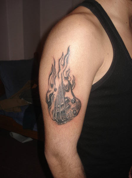 Burning Guitar Tattoo On Shoulder