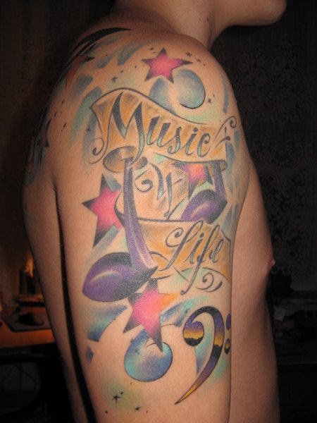 Music Is Life Tattoo On Shoulder