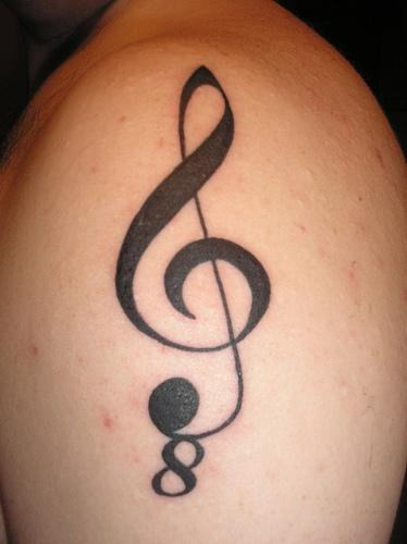 Bold Music Tattoo On Shoulder