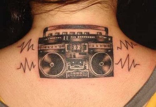 Cassette Player Tattoo On Neck