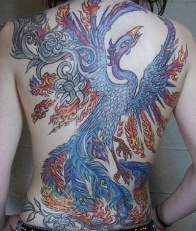 Colorful Phoenix Tattoo On Complete Back
