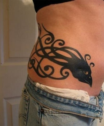 Black Designing Phoenix Tattoo On Waist