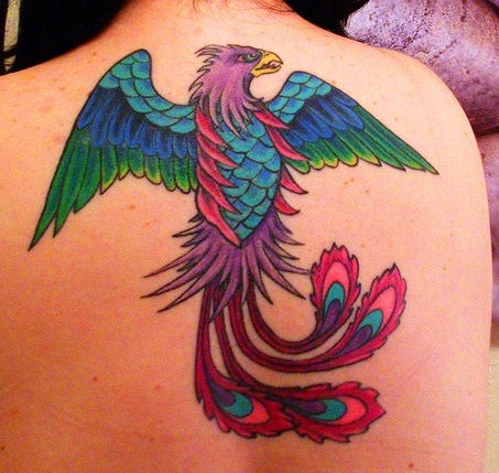 Colorful Phoenix Tattoo On Back