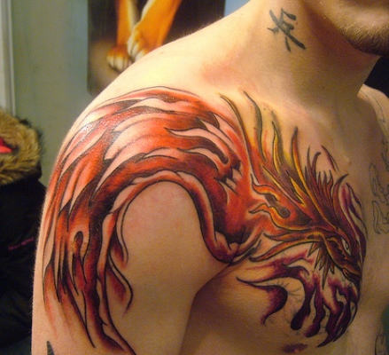 Phoenix Tattoo On Shoulder And Chest